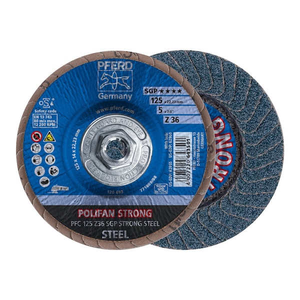 Pferd 5" x 5/8-11 Thd. POLIFAN Flap Disc - Z SGP STRONG STEEL, Zirconia, 36 Grit, Conical 62960 - main